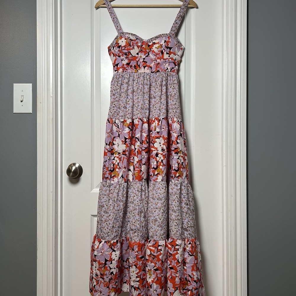 B.O.G Collective Lavender Orange Mixed Floral Tiered Maxi Dress Boho Chic Style
